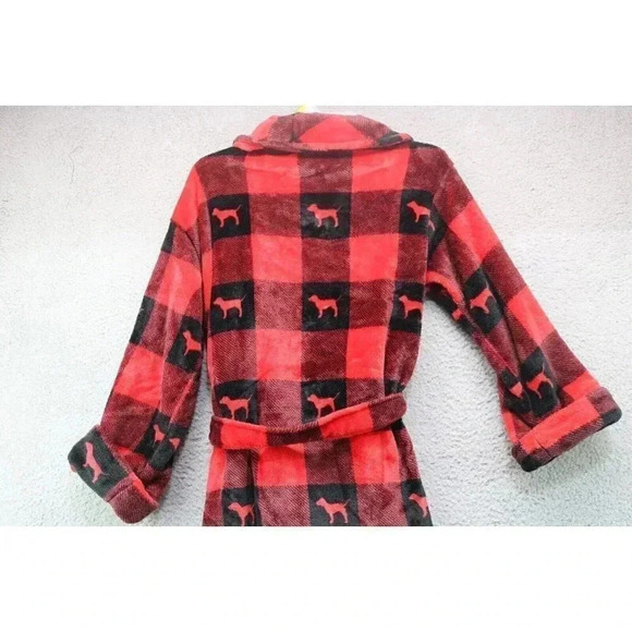 Women's Pink-Victoria's Secret Robe-Plush Velour-Red & Black-S/SP-Puppies - Picture 6 of 8